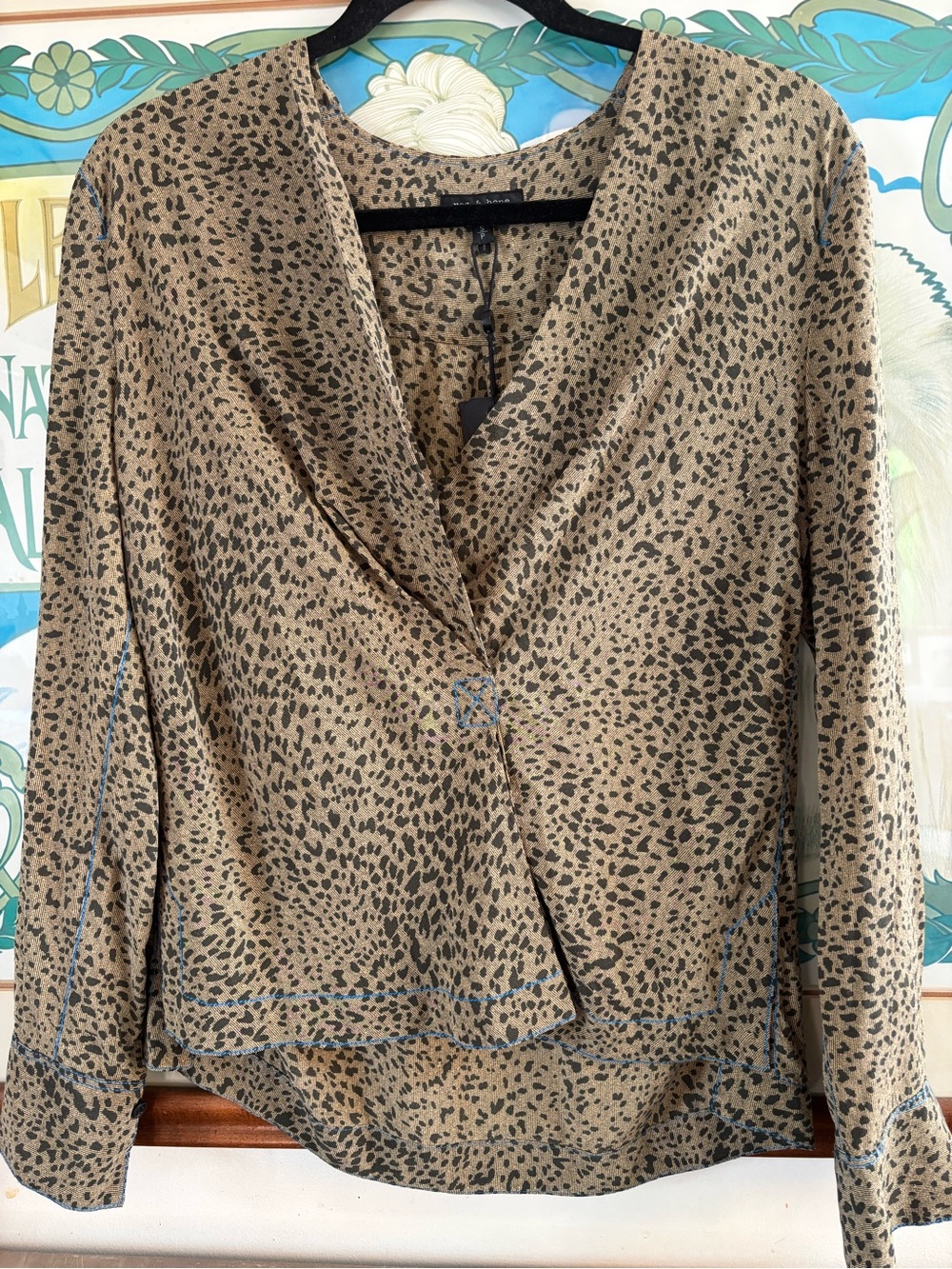rag & bone Tan and Black Leopard-Print Draped V-Neck Blouse